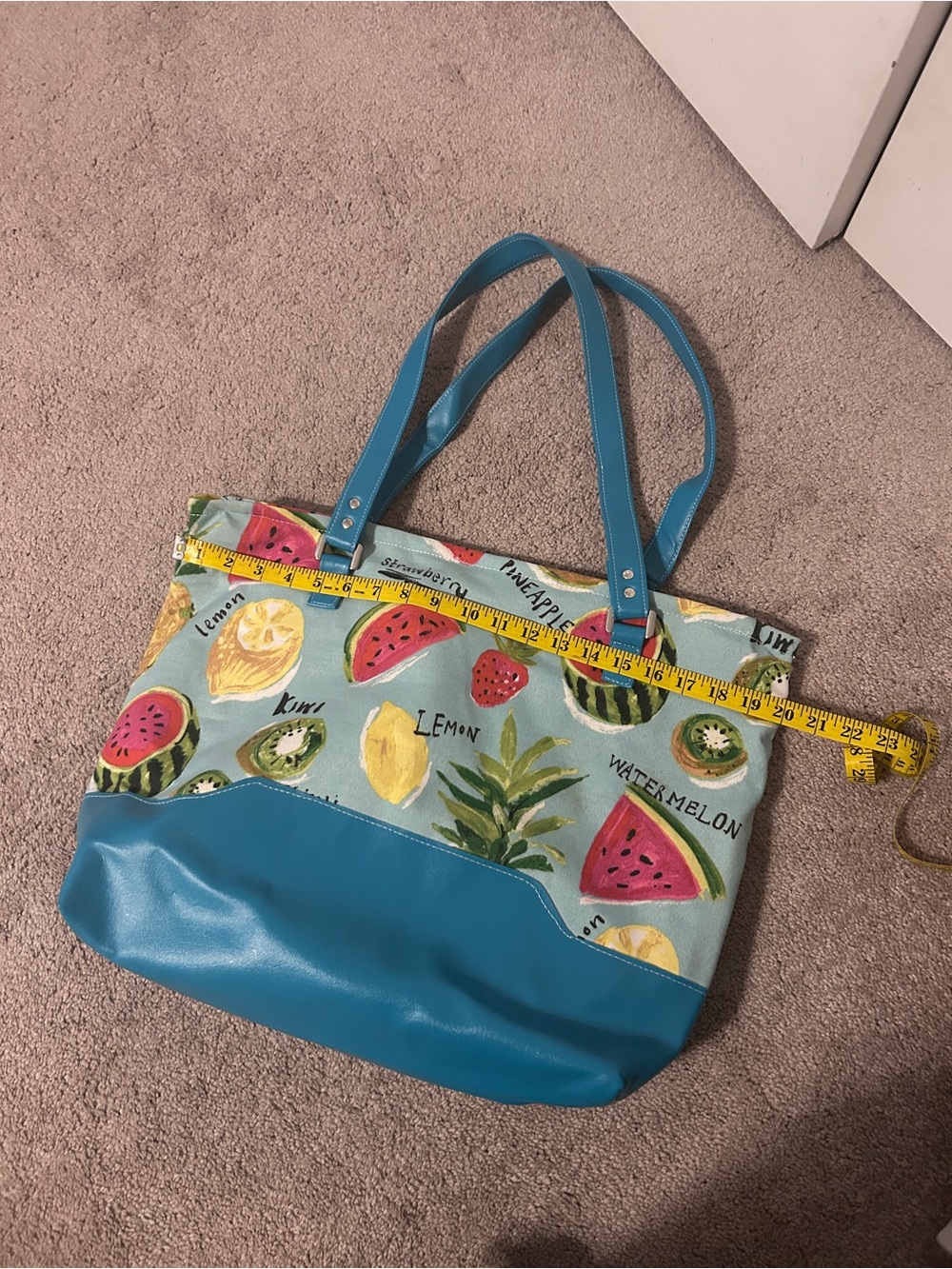 Handmade Tropical Blue Fruit-Print Canvas Tote Bag with Zipper and Teal Trim - Picture 4 of 4